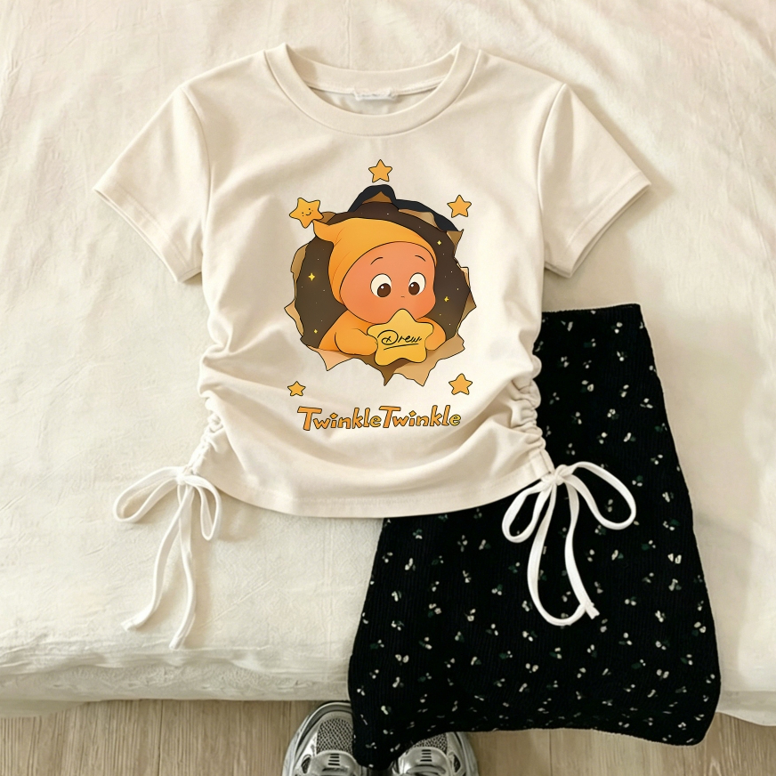 TGNS.Tali serut  kaos Hitam Vintage Retro Twinkle Twinkle t shirt Wanita Baju Crop Top/431