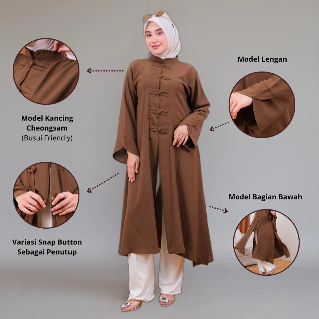 PRQUEEN - Zalfa Tunik Cheongsam - Dress Panjang Qipao Kerah Shangai Wanita Kebaya Korean Style Hijab