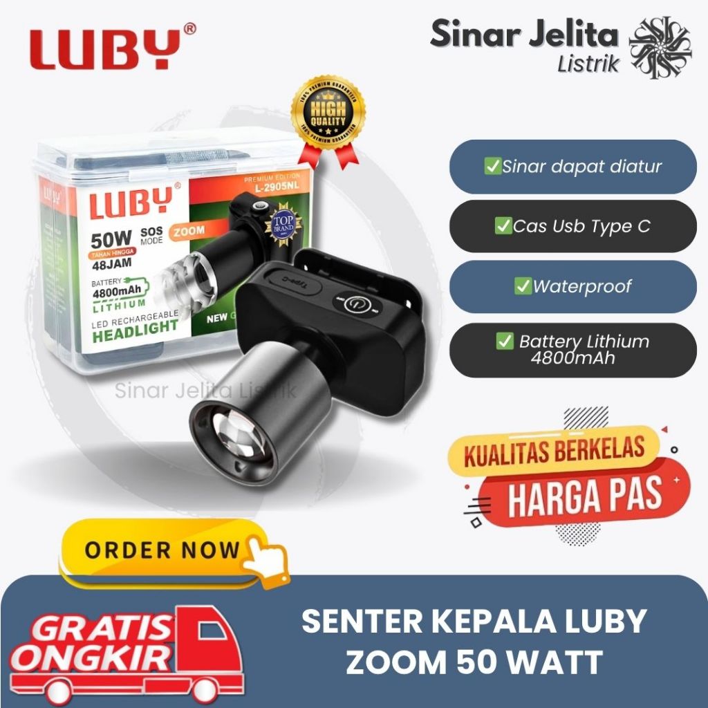 LUBY Headlamp Senter Kepala Zoom-In/Zoom-Out Perbesar Perkecil 50 Watt L2905NL