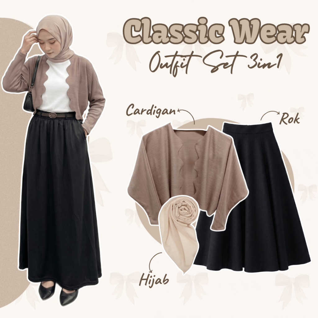 Setelan Baju Wanita Kekinian | Cardigan, Rok, Hijab | Outfit Cewek 1 Set, One Set Remaja, OOTD
