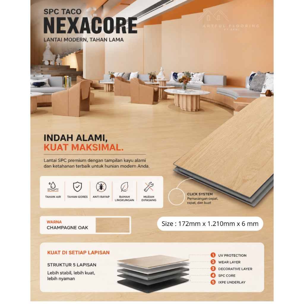 SPC Taco Nexacore 6mm Click System - Lantai Vinyl SPC Premium Tahan Lama Anti Gores & Air