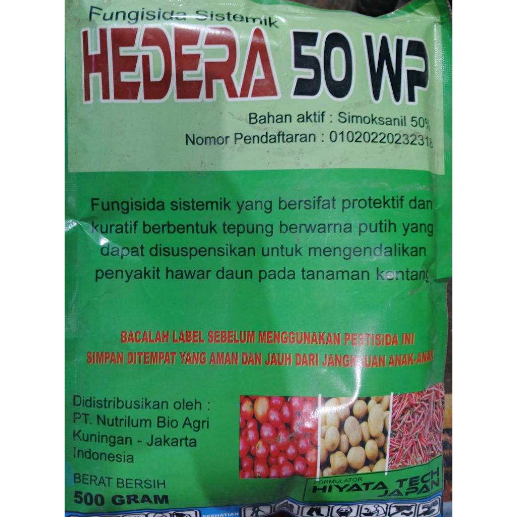 fungisida Hedera 50 WP bahan aktif simoksanil kemasan 500 gr