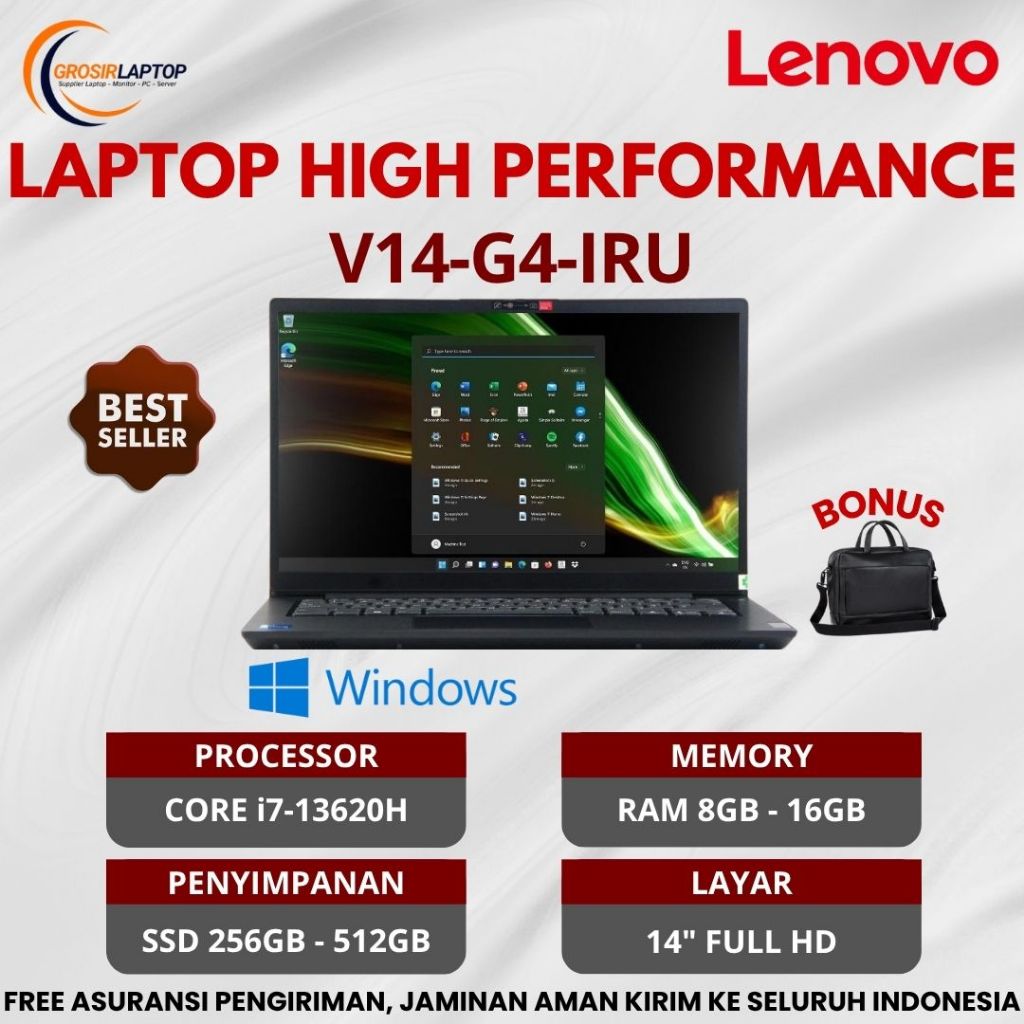 Terbaru Lenovo V14-G4-IRU Core i7-13620H Ram 8Gb Ssd 256Gb 14" Full HD Windows 11 Black Laptop Kerja