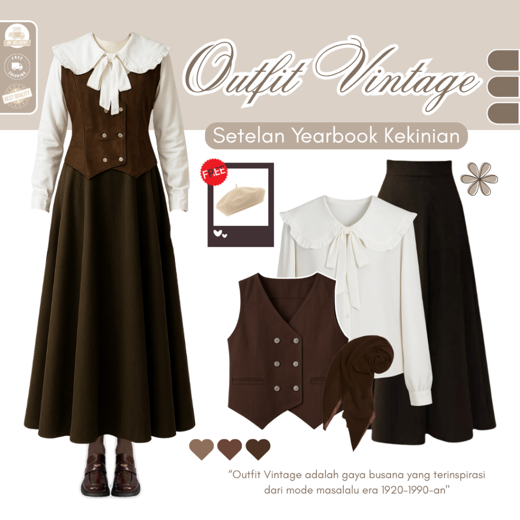 Oneset Yearbook Enola Holmes  (Bella Square + Vest + Blouse + Rok Joda )  One Set Wanita Hijab Kekin