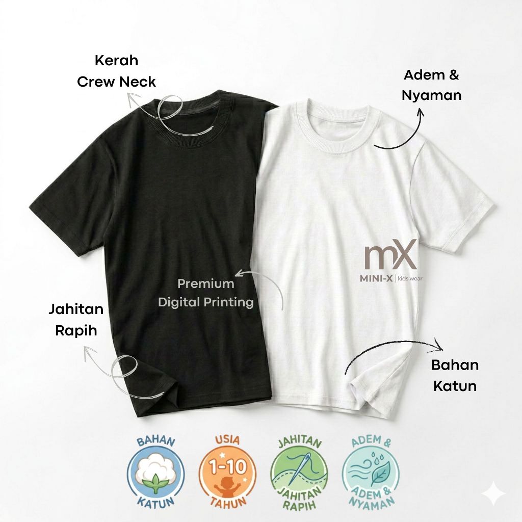 Kaos Polos Anak Cotton 30s Hitam Putih - Baju Anak Polos Katun Laki Laki Perempuan 1-8 Tahun