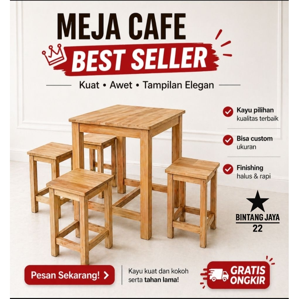 Best Seller Meja Cafe Minimalis 1 Set 4 Kursi Natural Meja Makan Murah