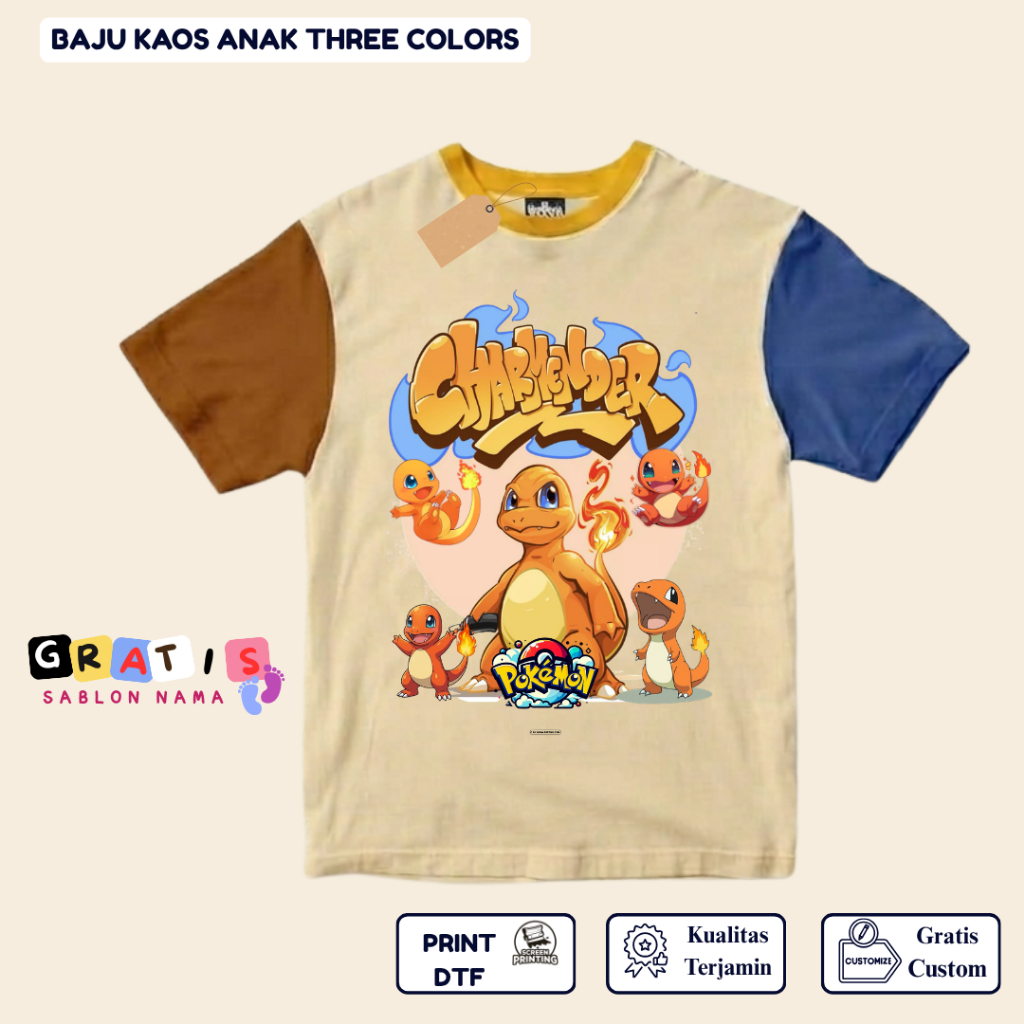 shabira tas  - Kaos Anak POKEMON CHARMANDER GD  - Kaos Anak Pendek Three Colors Dino - Kaos Anak Sab