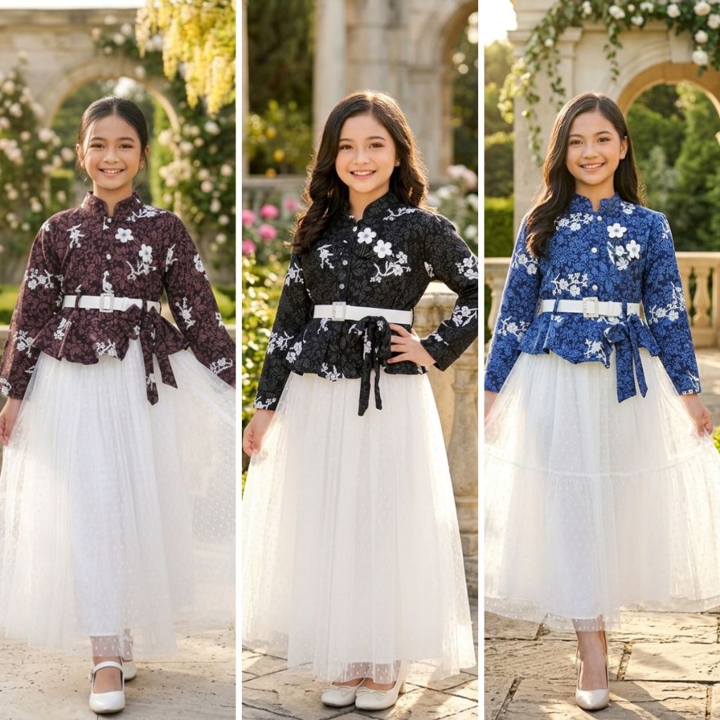 New - Arumi Gamis Anak Rompi Bahan Fukuro Motif Mix Brukat Farian + Belt Cantik Anak Perempuan Usia 