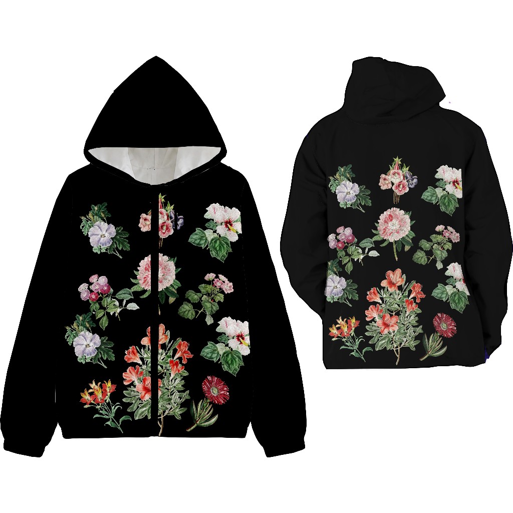 Jaket parasut Hoodie wanita Hitam Motif Bunga fullprinting sublimasi