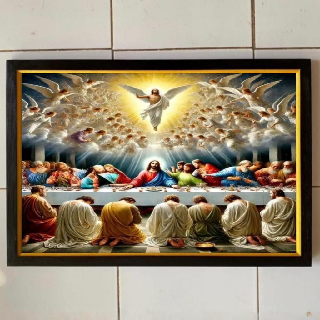 hiasan dinding aesthetic lukisan cetak set dengan bingkai gambar perjamuan Kudus Tuhan Yesus uk 65x4