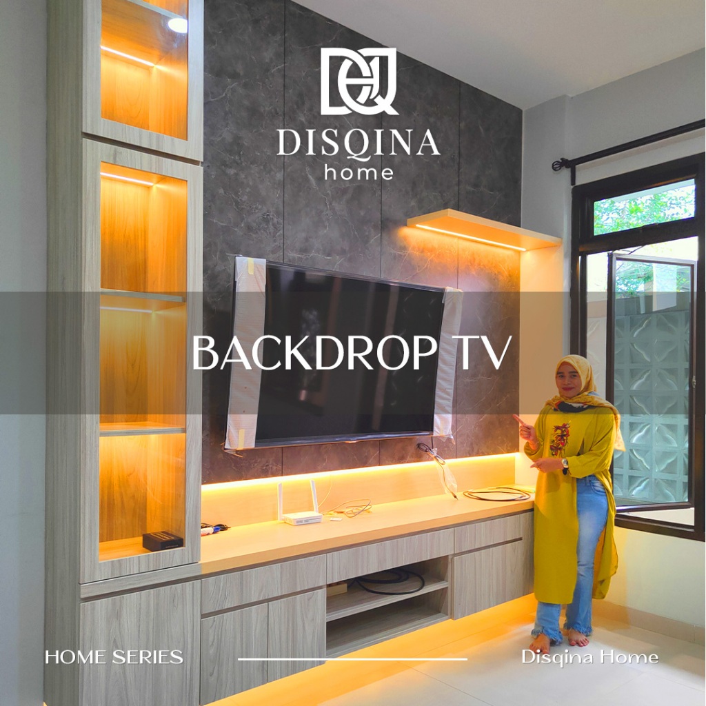 Backdrop TV Minimalis Custom Marmer Kabinet Meja TV HPL