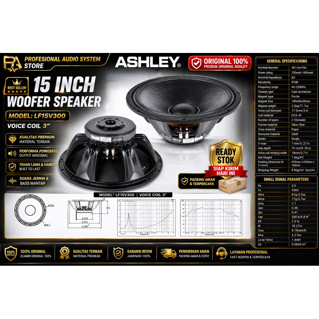 SPEAKER KOMPONEN ASHLEY 15INCH VOICE COIL 3INCH LF15V300 LF 15V300 ORIGINAL ASHLEY