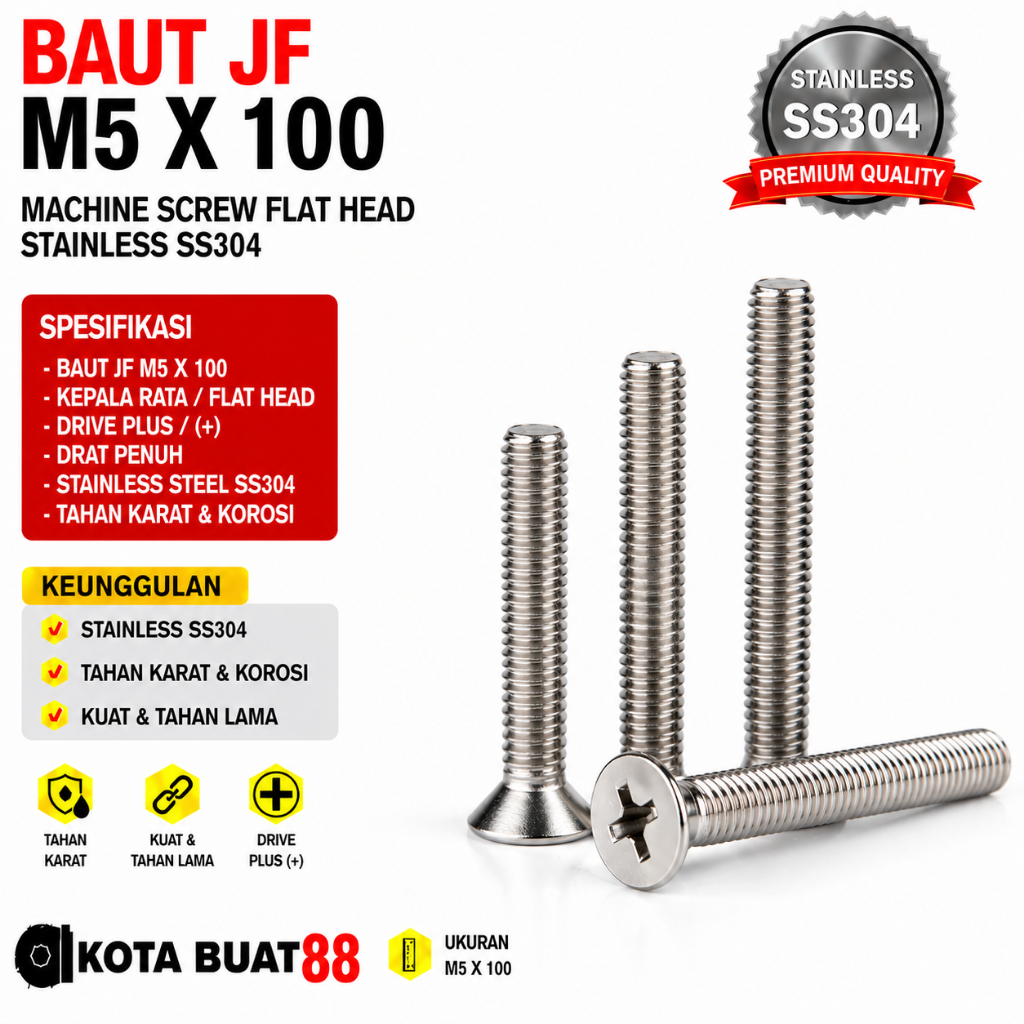 Baut JF M5X100 Machine Screw M5 X 100 Flat Head 5X100 Baut Obeng + Kepala Rata Stainless SS304