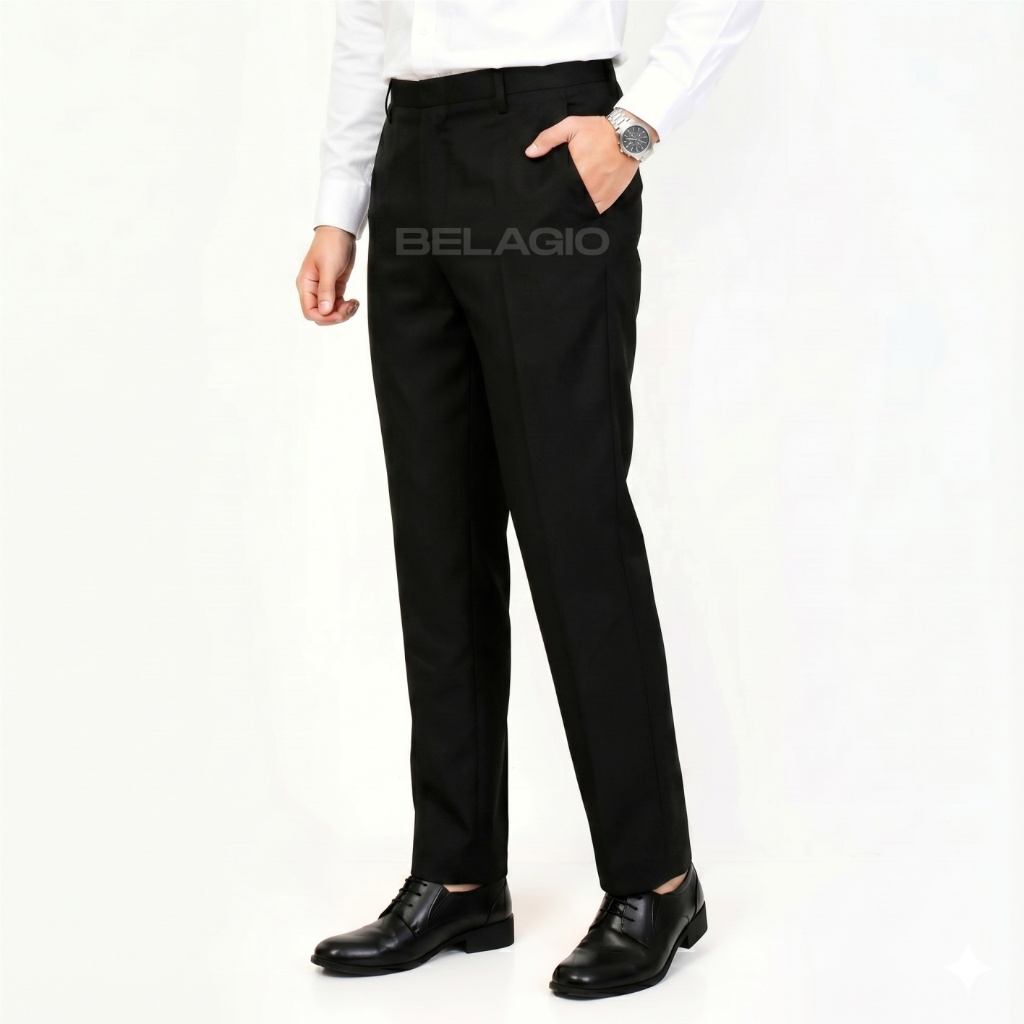 BELAGIO - Celana Formal Kain Semi Wool Pria Hitam Halus Standar Kantoran