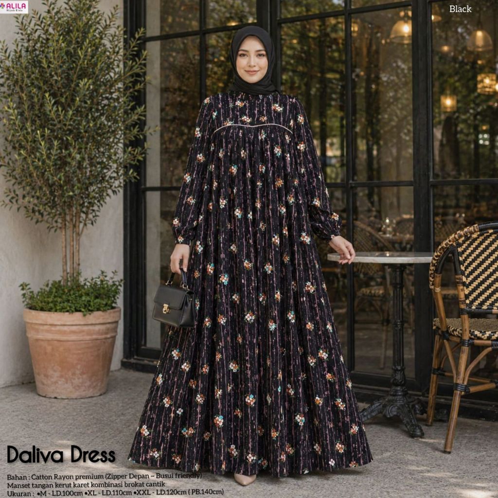 GAMIS WANITA DEWASA MOTIF BUNGA RAYON PREMIUM DALIVA DRESS ALILA SIZE M XL XXL PB 140 CM BUSUI BUNGA