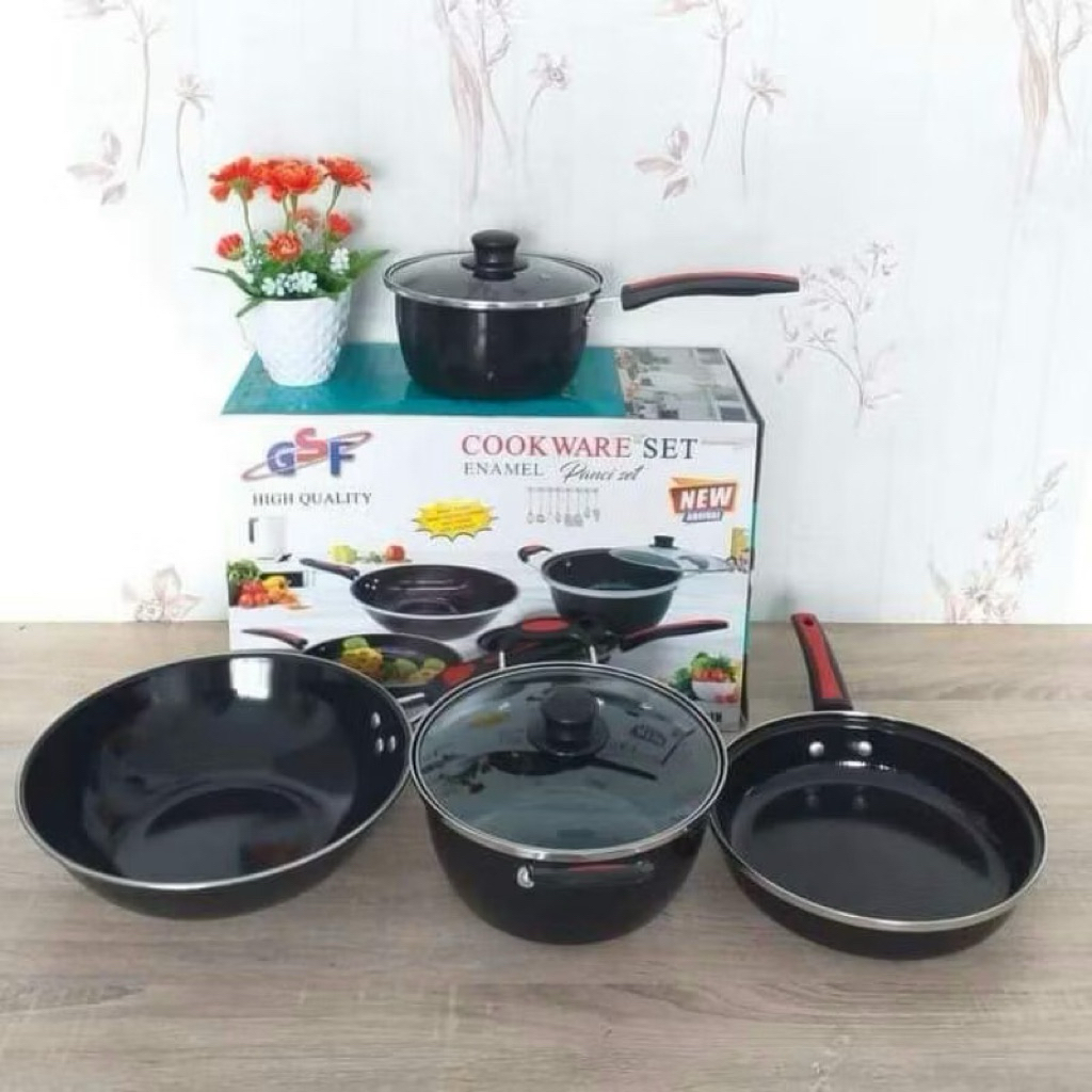 panci set GSF 1831 enamel tutup kaca anti lengket cookware set gsf enamel tutup kaca