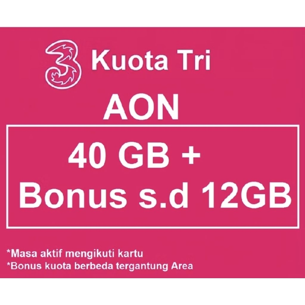 Kuota Internet Tri AON 40GB + Bonus 12Gb murah