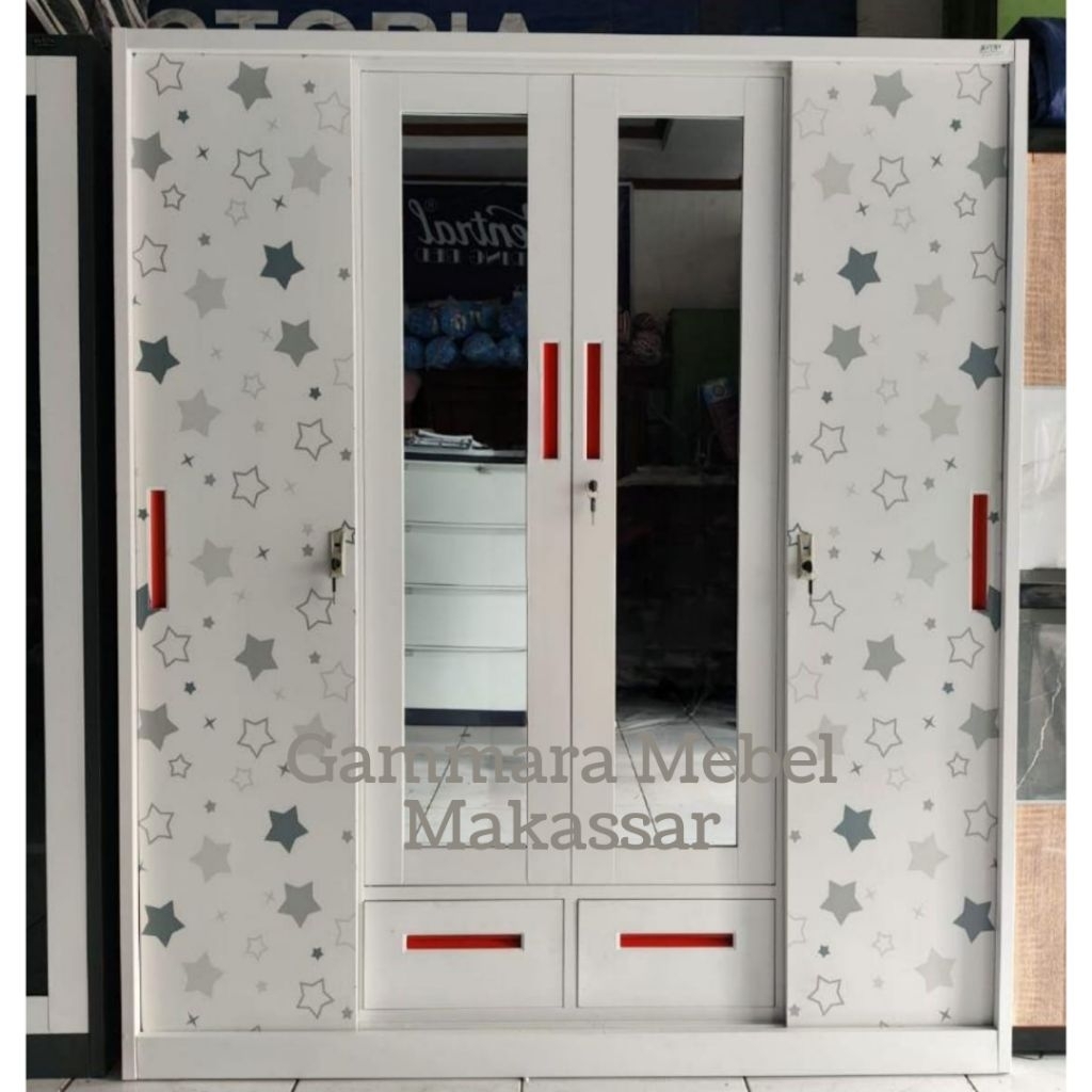 [KHUSUS MAKASSAR | INSTANT] Lemari Pakaian Besi 4 Pintu Sliding Laci