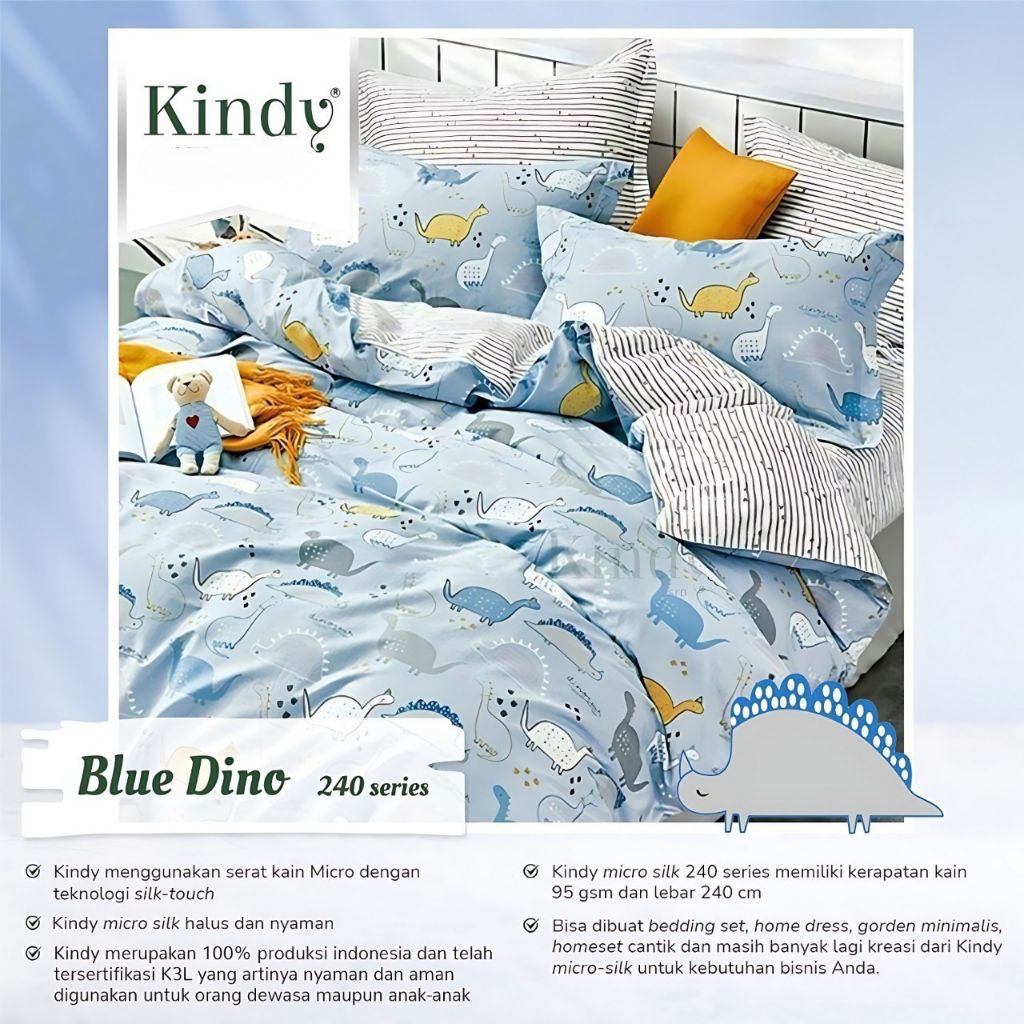 Sprei Bedcover Set karakter Anak Blue Dino Sarung Bantal Guling Ukuran Lengkap Kain Karet