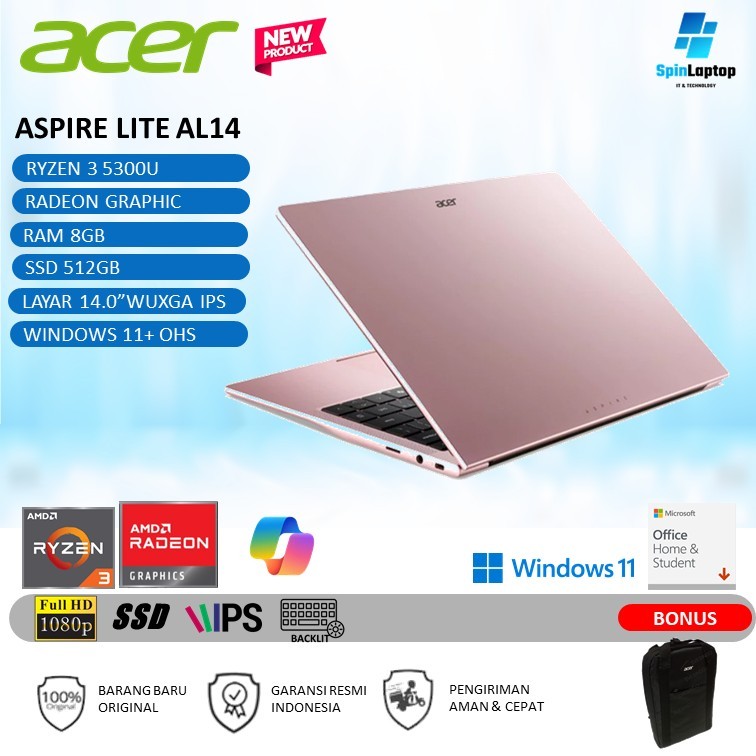 LAPTOP ACER ASPIRE LITE 14 AL14 RYZEN 3 5300 RAM 8GB 512GB LAYAR 14.0WUXGA IPS RESMI