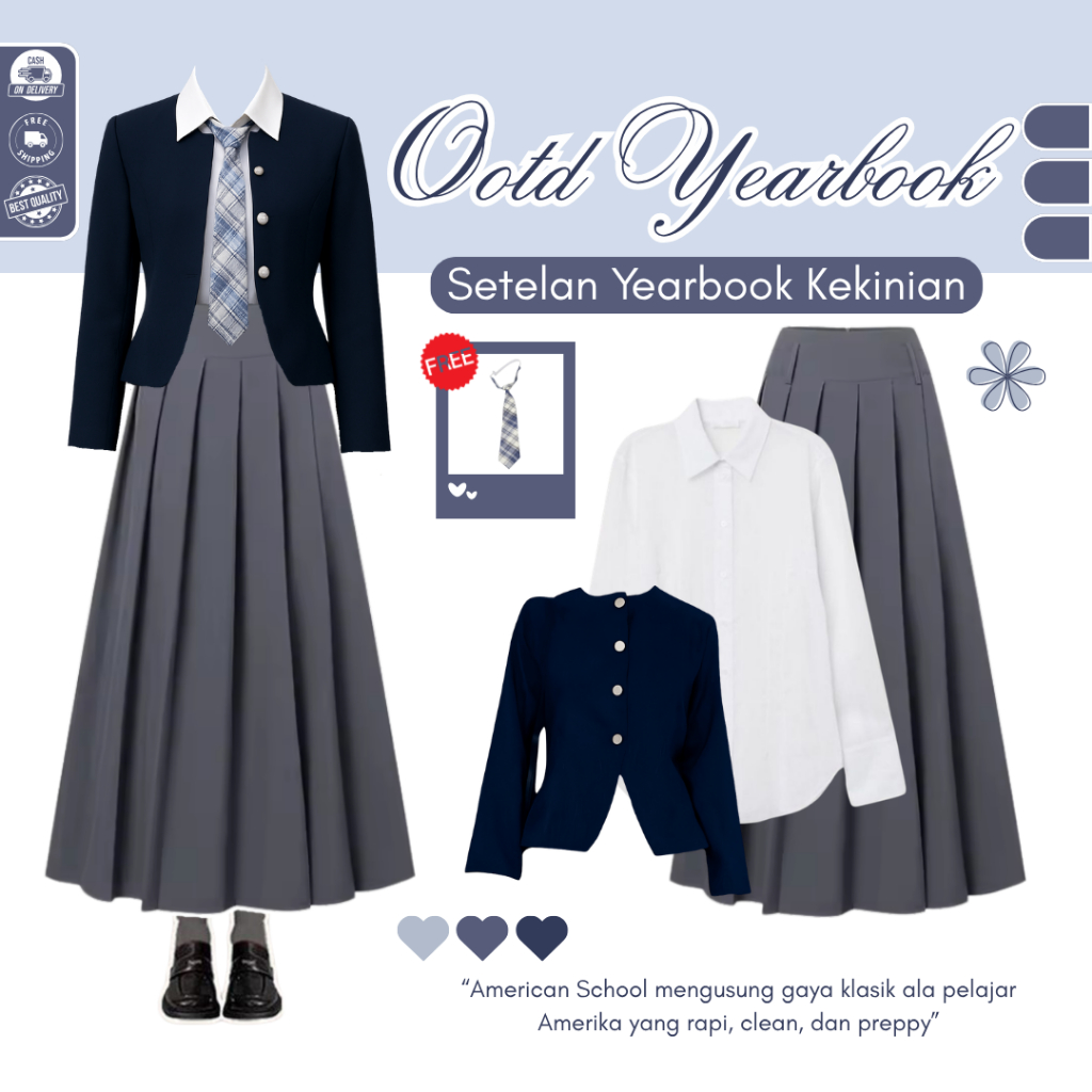 One Set Yearbook Outfit American School ( Kemeja Crop + Aile Blazer + Rok Abu ) Outfit American Scho
