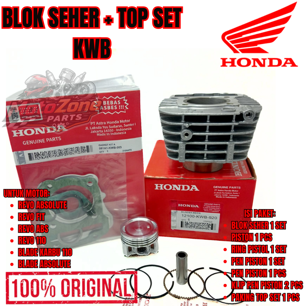 BLOK SEHER + TOP SET KODE-KWB ORI AHM HONDA REVO 110-FIT-ABS-ABSOLUTE&BLADE REPSOL ASLI 100% ORI .