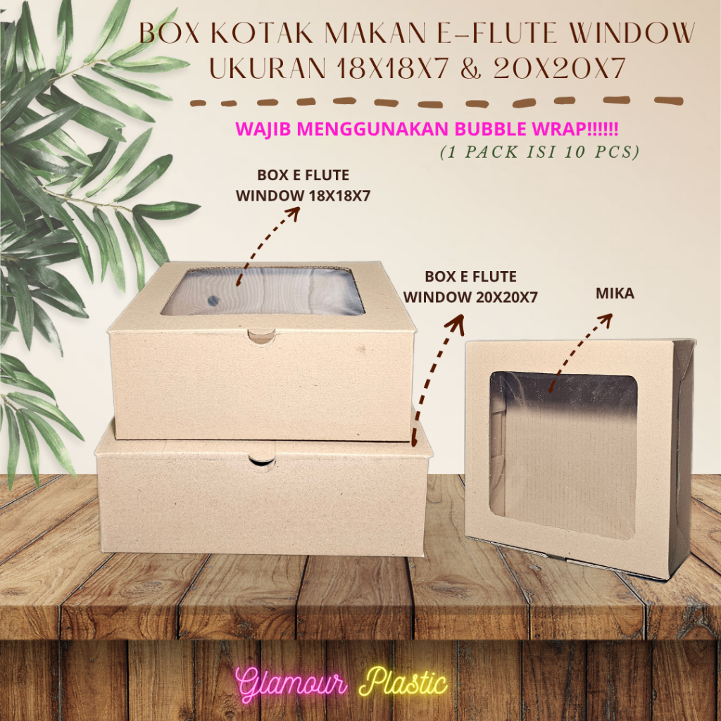 BOX Kotak Makan E-flute Window ukuran 18x18x7 dan 20x20x7/Kotak Nasi/Box e-flue/kotak kue