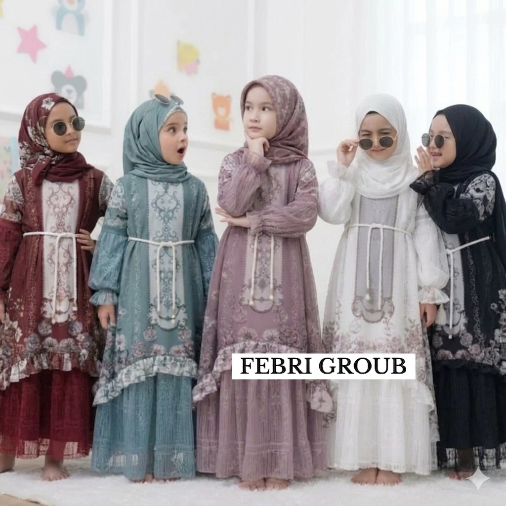 Gamis Aisyah Ceruty Baby Doll Mix Brokat Free Hijab Usia 3-10 Tahun - Gamis Anak Rompi Motif Bunga |
