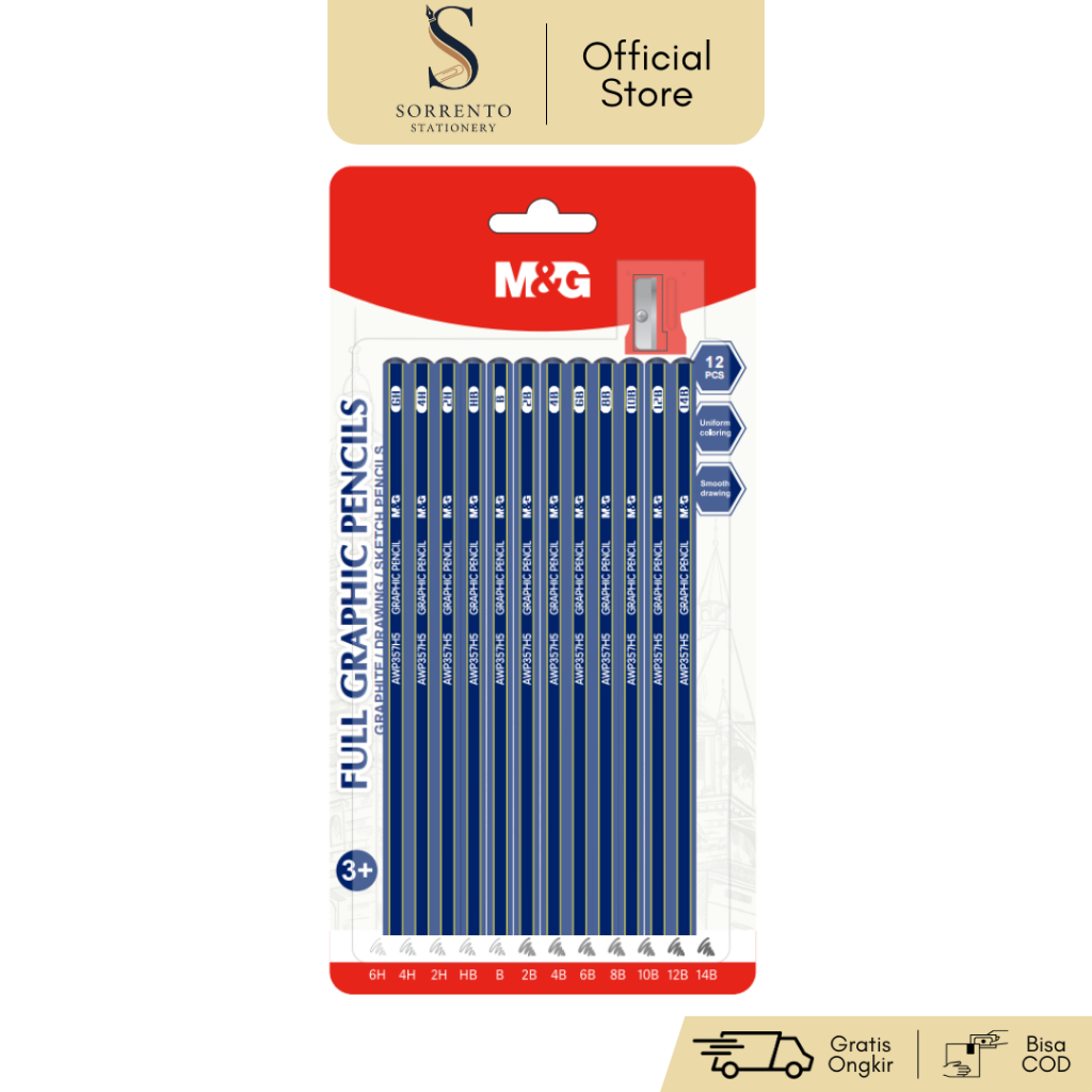 SORRENTO - M&G Graphite Pencil Set with Pencil Sharpener (6H, 4H, 2H, HB, B, 2B, 4B, 6B, 8B, 10B, 12
