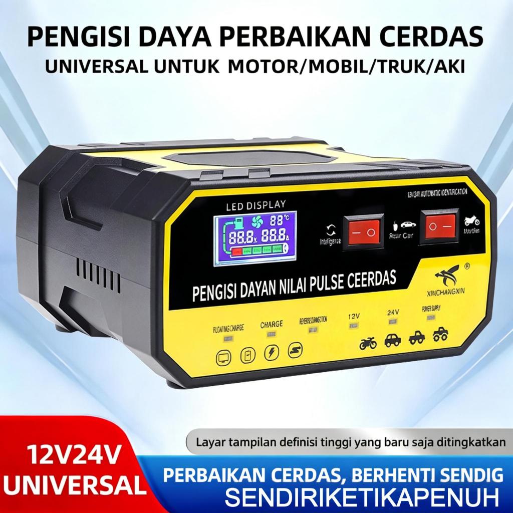 Charger Aki 12V Otomatis Sistem Pulsa Perbaikan Aki Anti Overheat Colokan 2 Lubang