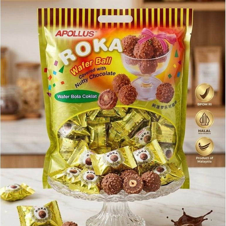 Apollo Roka Wafer Ball Bola Coklat Kacang Snack Jadul Isi 50 Pcs