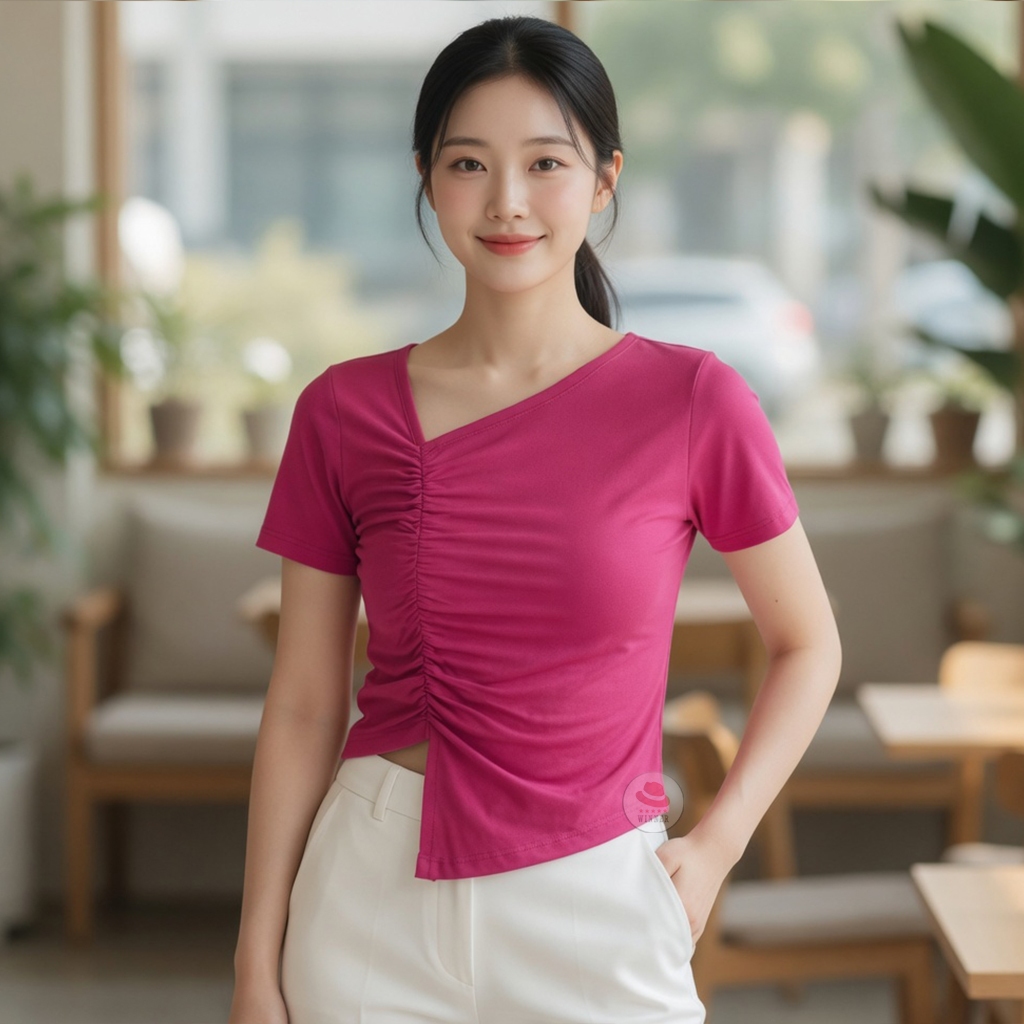 Kaos Wanita Crop Top Kerut Atasan Lengan Pendek 6044
