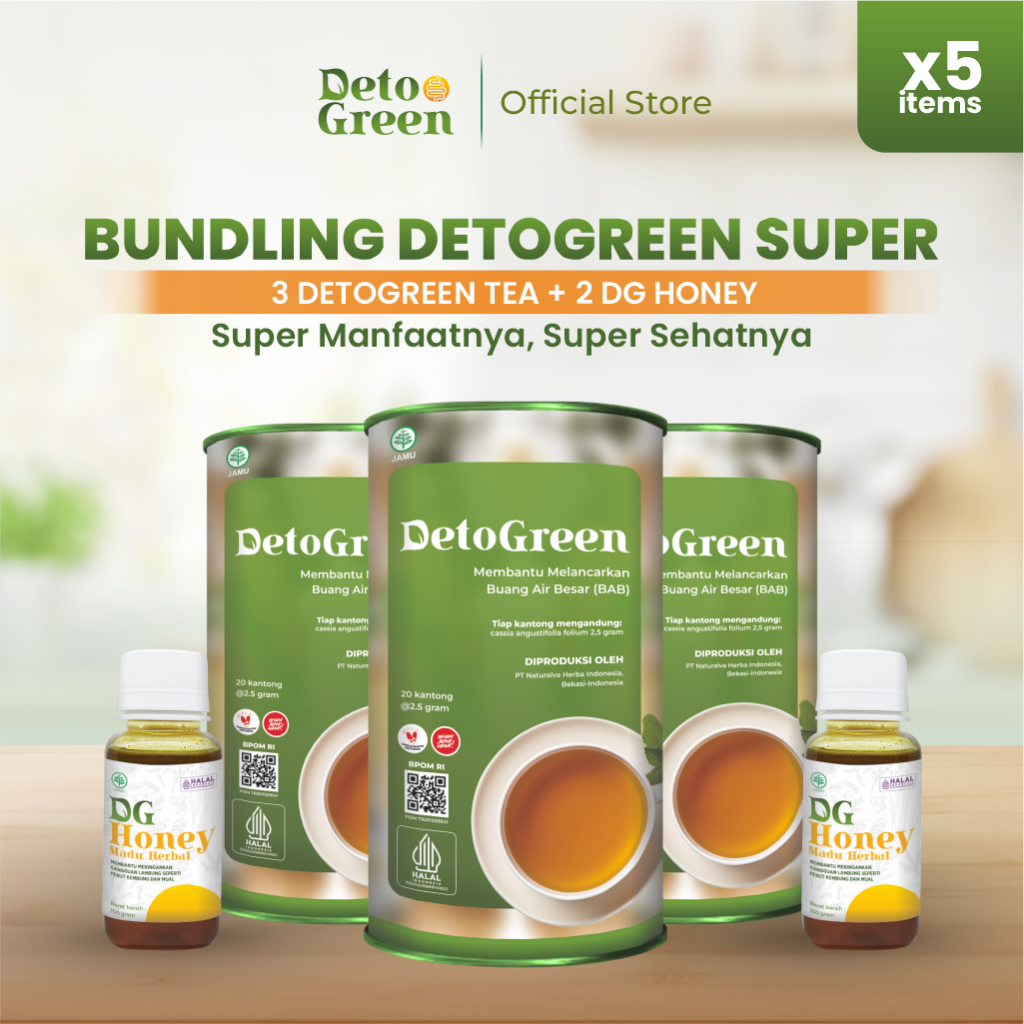 DetoGreen Tea & DetoGreen Honey Paket Super Hemat 3 Teh dan 2 Madu untuk Keseimbangan Pencernaan 5 P