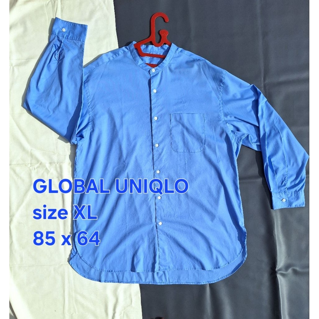 Baju Kemeja Global Uniqlo Sanghai Koko Lengan Panjang Biru Polos Pria Oversize