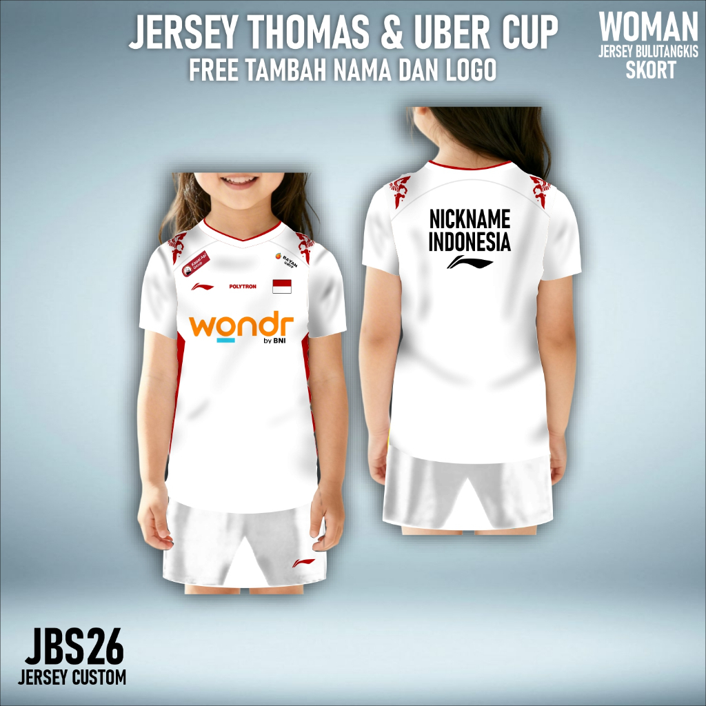 Setelan jersey kaos anak perempuan rok badminton thomas & uber 026 free custom