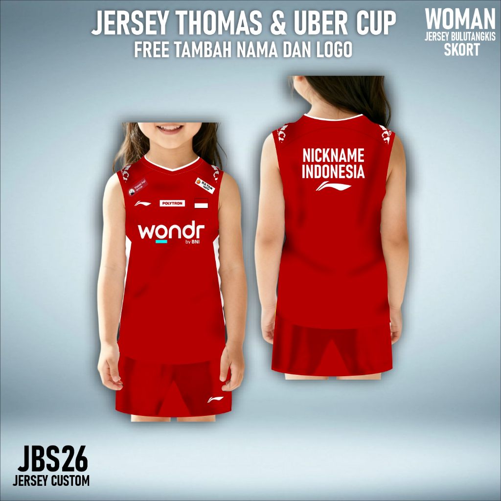Setelan jersey singlet anak perempuan rok badminton thomas & uber 026 free custom