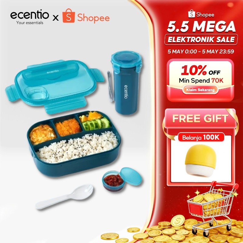 ecentio lunch box anti tumpah 1200ml & botol 500ml tempat makan tempat bekal makan tempat makan anak