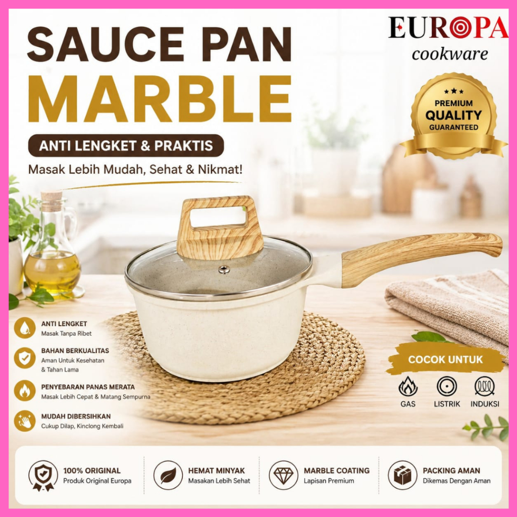 Europa cookware sauce pan marble panci anti lengket dengan tutup
