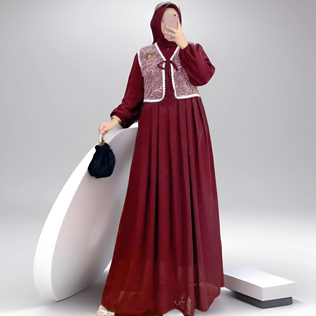 Mustika Colections Gamis Ceruty Babydoll Premium Mix Rompi Brokat Full Furing Warna Maroon | Gamis  