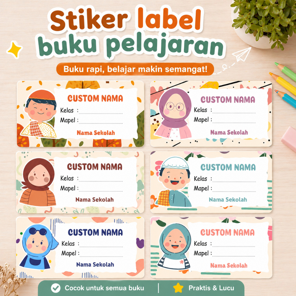 Stiker Label Nama Buku Sekolah Islami Anak | Custom Nama | Karakter Muslim & Muslimah Lucu | Tahan A