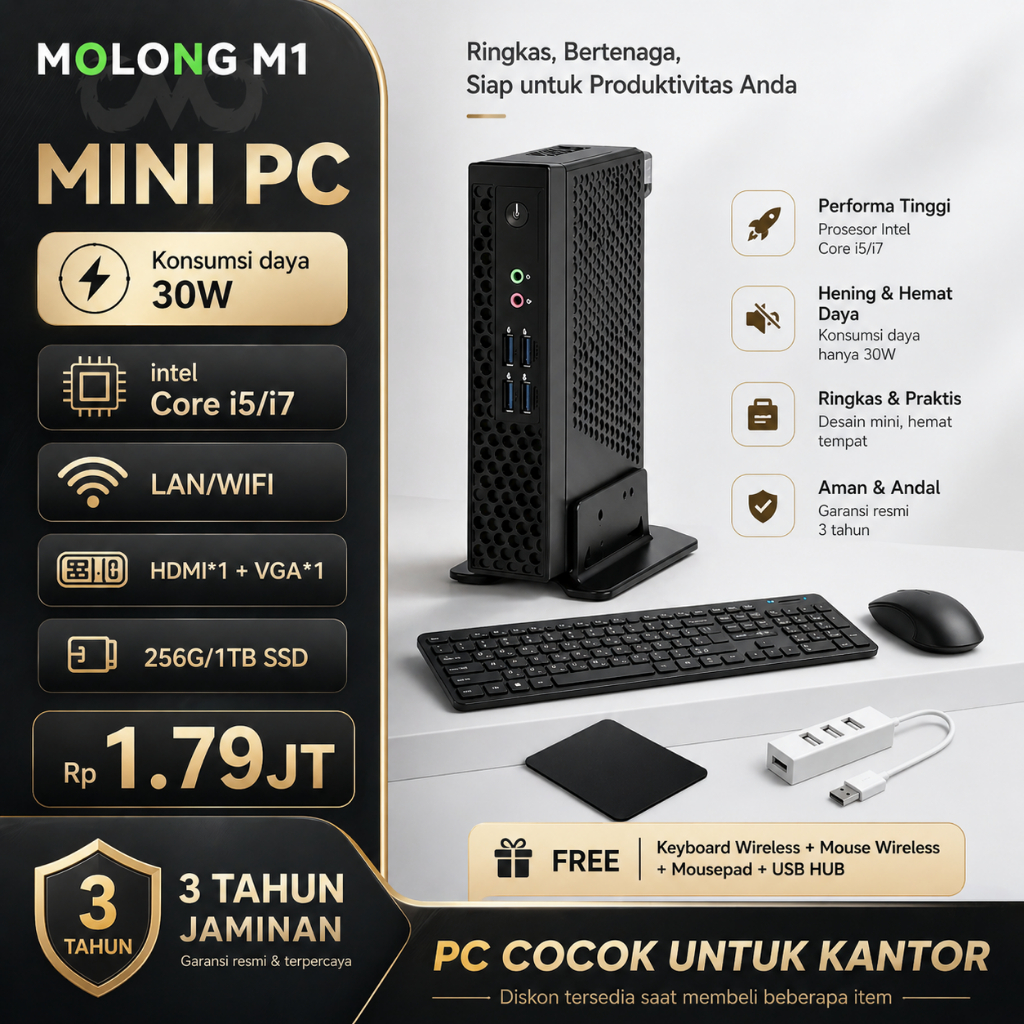 MOLONG mini pc Intel i5/i7 baru full set lengkap komputer desktop kantor rumahan berdaya rendah deng