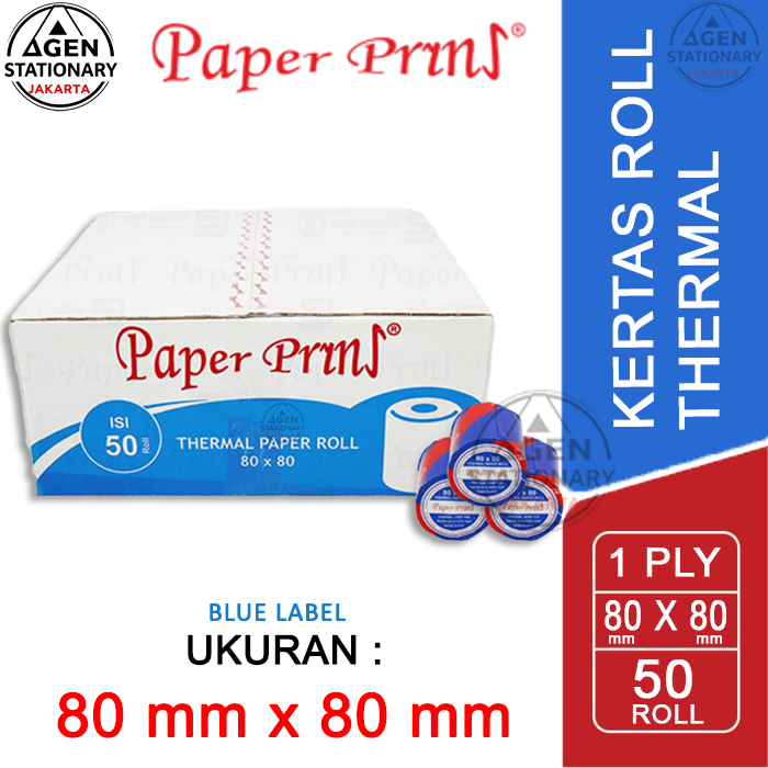 KERTAS STRUK THERMAL 80x80mm PAPERPRYNS PAPER PRINT BLUE LABEL 1 DUS ISI 50 ROLL PRINTER EDC KASIR P