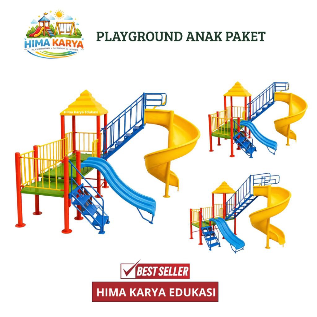 Playground Anak Outdoor Perosotan Spiral + Slide Lurus | Taman Bermain Besi Fiber Warna Cerah | Main