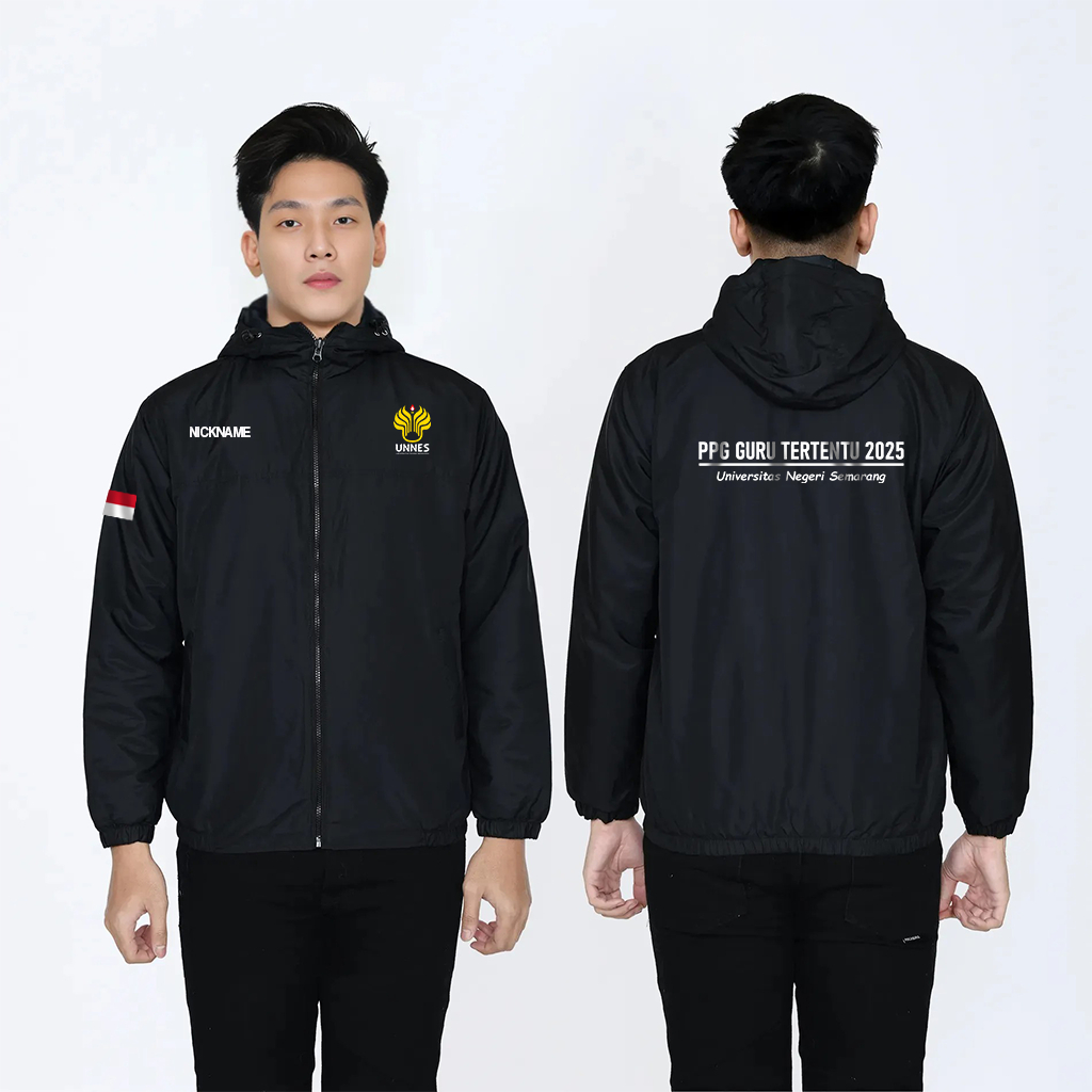 Jaket Almamater UNNES Custom Logo & Nama – Bahan Parasut Waterproof, Cocok untuk Mahasiswa & Alumni