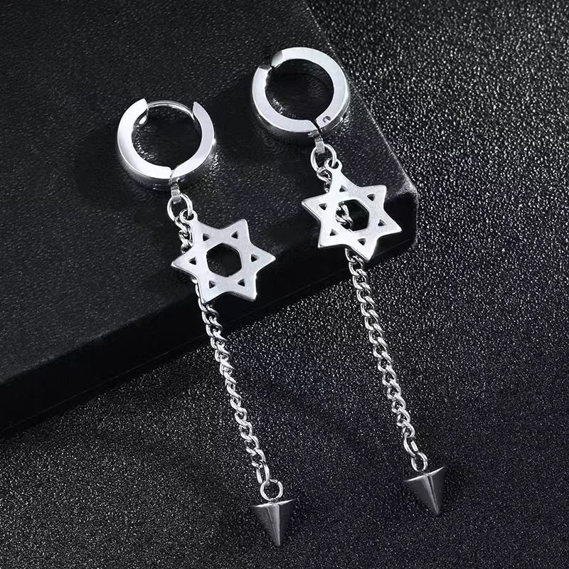 Anting Jepit Tindik Pria Wanita Gothic Black Spike/ Anting Jepit Tindik Rantai Panjang Ala Korea/ An
