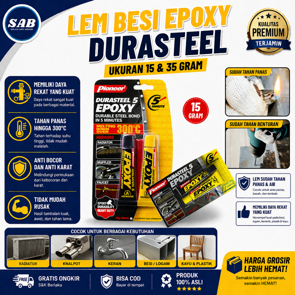 Lem Besi Epoxy Pioneer Durasteel Super Kuat Tahan Panas 300C Lem Porting Mesin Radiator