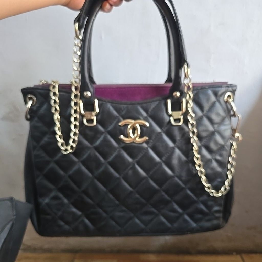 Tas chanel hitam purple selempang panjang rantai kulit sapi bukan NEW