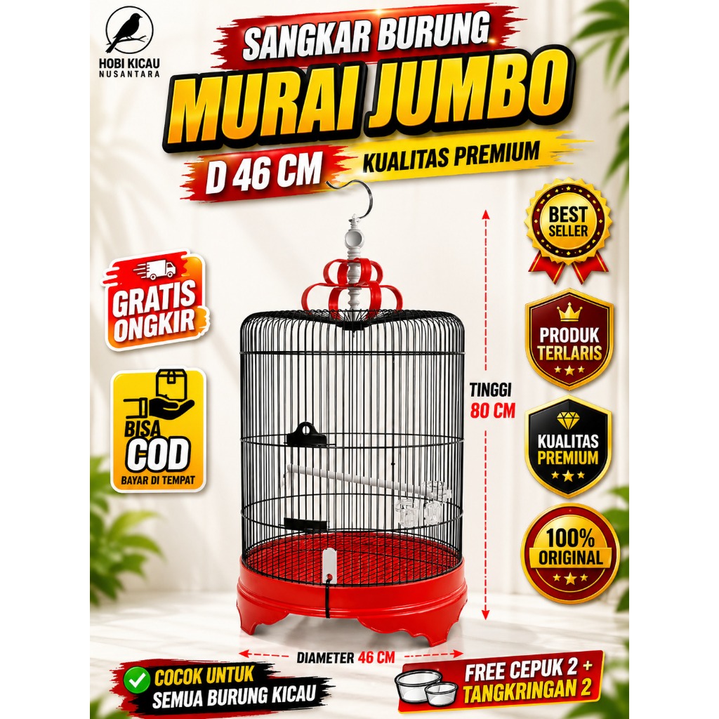 Sangkar Murai Jumbo Fullset Diameter 46 Cm Kandang Burung Murai Poksay Kacer Cucak Ijo Besi Import T