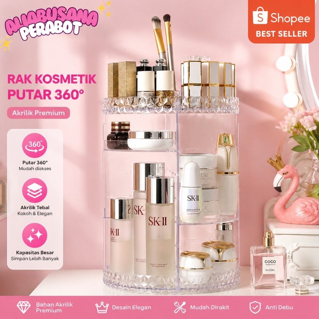 RAK KOSMETIK AKRILIK PUTAR/RAK COSMETIK 3 TINGKAT PUTAR/RAK KOSMETIK AESTHETIC