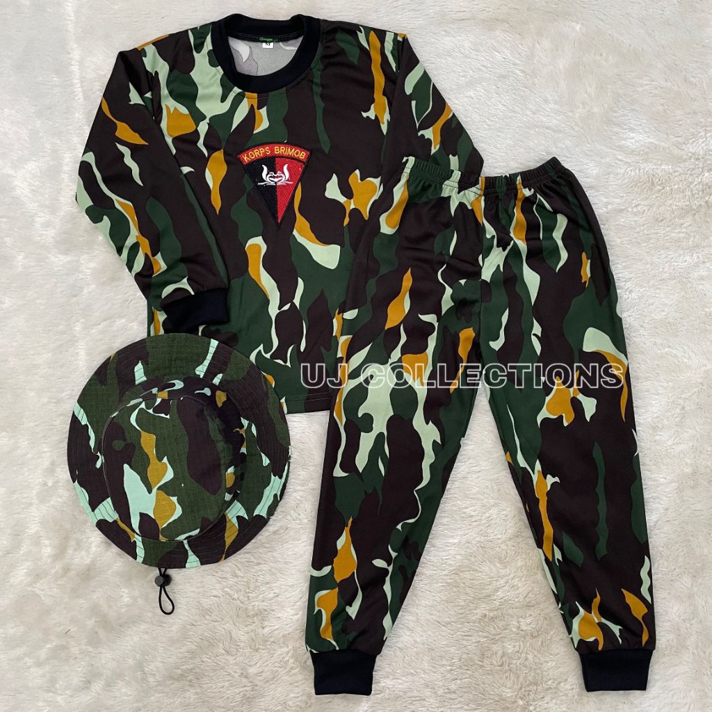 Setelan kaos anak lengan panjang loreng brimob free topi rimba - Baju setelan anak kids army unisex 